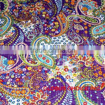 Indian Handmade Quilt Twin Kantha Bedspread Cotton Blanket Blue Art Jaipur