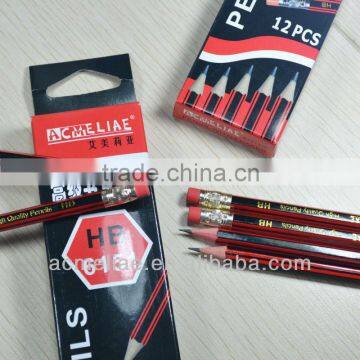 Standard size hexagonal shape black and red striped graphite HB pencil sharpened with eraser