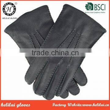 Winter Driving Men's Hand Stitching Black Deerskin Leather Gloves