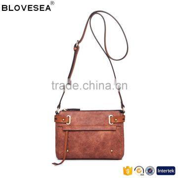 Vintage high quality studs and belt ornament design women pu leather brown crossbody bag