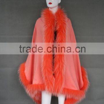 UK brands women wholesale orange cashmere and raccoon fur trim cape