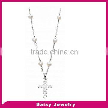 shiny fashion pearl 316l stainless steel cross necklace girl