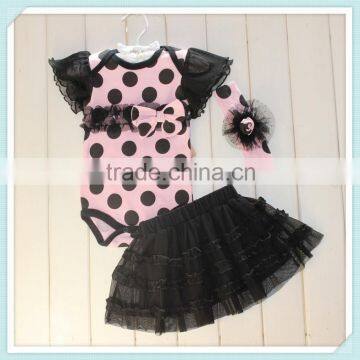 Baby cute polka dots print with match black tutu and headband bodysuit for infant baby girl rompers tutu rompers with headband