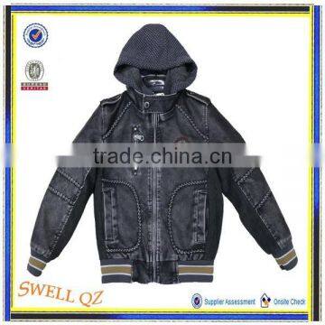 Newest fashion kids black leather jacket with hood