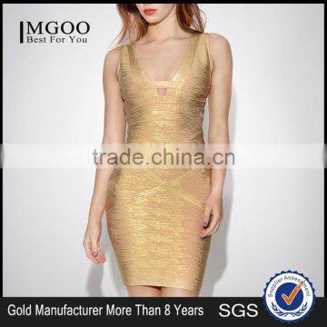 MGOO High Quality Wholesale OEM/ODM Gold Bandage Spandex Dress For Ladies Mini Bodycon Sheath Sexy Club Dress H838 photo-2
