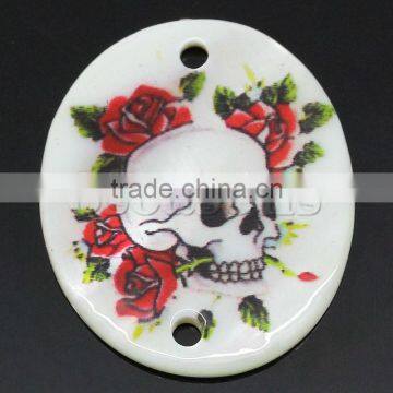 High Quality Shell Connectors Oval Multicolor Flower & Skull Pattern Printed Halloween Ornaments 3x2.5cm,20PCs