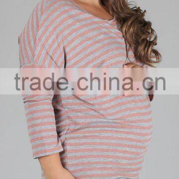 Pink Grey Striped Plus Size Maternity Top XYT2840 photo-3
