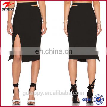 Black Plated Knee Length Women Leather Skirt