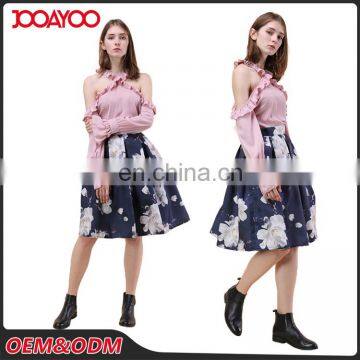 2017 Wholesale Customed Fashion Girl Flower Blue Midi Printed Women Umbrella Skirt