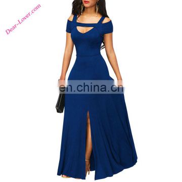 official 2017 Blue Cold Shoulder Front Slit Flare Maxi dresses women lady