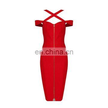 Fashion Women Red Off Shoulder Neck Cross Zip Front Bodycon Bandage Dress photo-4
