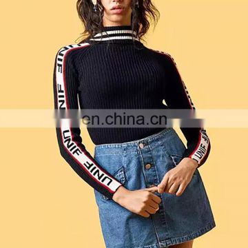 2017 Elasticity High Neck Knitted Jumpers Printed Black Sweater Winter Women