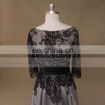 Black and Gray Lace Mother of the Bride Evening Dress Long Sleeve photo-4