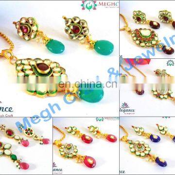 Online Wholesale Kundan pendant set-Indian Ethnic Kundan Jewelry-Gold plated Kundan Necklace set-handmade kundan pendant set