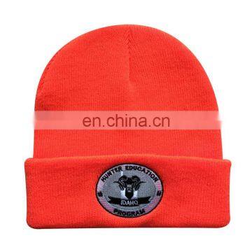 whosales cheaper embroidery logo orange knitted cuff hat