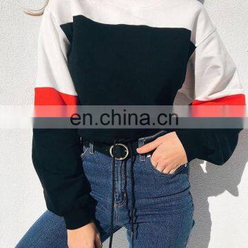 Custom logo print embroidery vendor with long sleeve pullover women stripe panels crew neck sweatshirt crop top