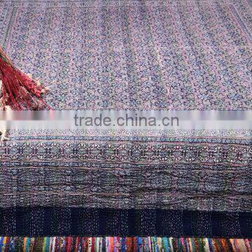 Queen Indian Kantha Quilt Throw Organic Vegetable Dye Bed Cover Blanket Ajrakh Block Printed Bedspreads