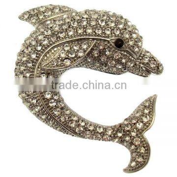 Custom-made Silver Tone Sparkling Crystal Dolphin Brooch