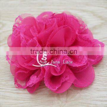 3.75 Inch Chiffon Lace Flower in Pink - Solid Chiffon Flower With Lace- Flower Head for Headbands and DIY Hair Accessories photo-3