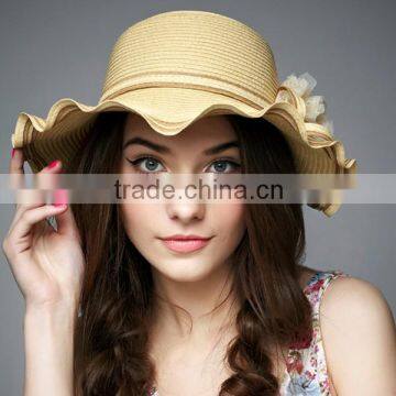 lotus straw cap for outdoor with lace flower beach hat for party girl