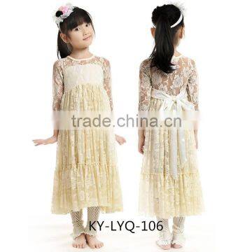 hot sale ivory girl flower long sleeve long lace party wedding dress with belt