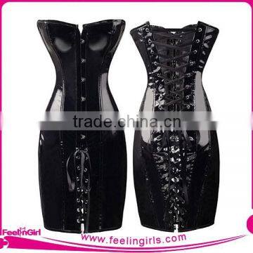 New Fashion Black Wet Look Long Sexy PVC Corset Dress With Panty