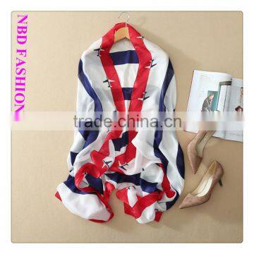 Hot Selling Imitated Silk White and Blue Stripe Scarves and Beach Shawls