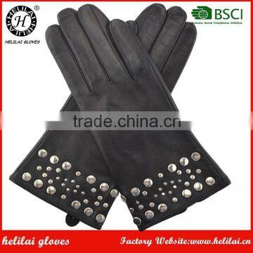 2016 New Winter Warm Lined Ladies Black Nappa Leather Car Driving Gloves With Studs