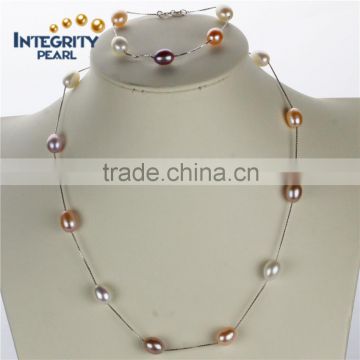 8mm AAA drop nice quality sterling silver chain fashion necklaces pearl set, freshwater pearl set jewelry