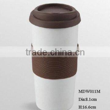 13oz eco-friendly reusable double wall porcelain cup w/ silicone lid w grip