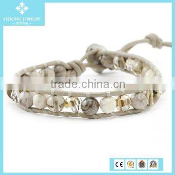 European Stone Strawberry Quartz Mix Single Wrap Bead Bracelets on Natural Dark Brown Leather photo-2