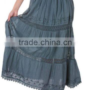 Embroidery Bohemia Skirts 100% Cotton Women Maxi Skirts With Lace Insert
