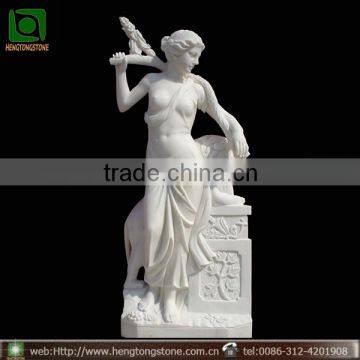 White Marble Carved Woman with Lion Garden Statue