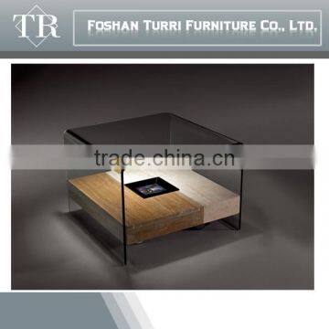 Bent glass to marble travertine base end table with wheels