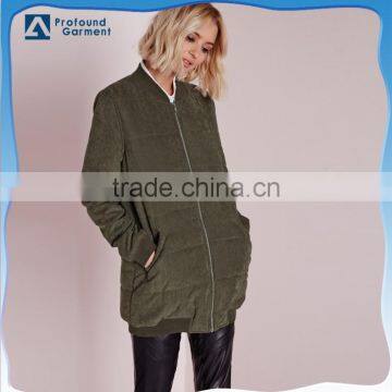 wholesale ribbed collar women winter longline khaki padded bomber jacket