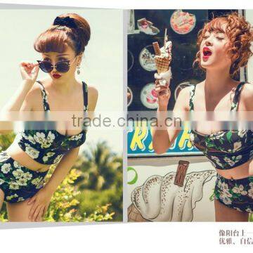 Green print high waist two pieces bandage bikini suits beach wear women