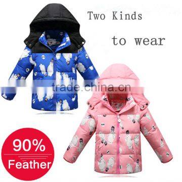 Winter kids 90% goose feather coat blue pink children winter coat wholesale with big white printed