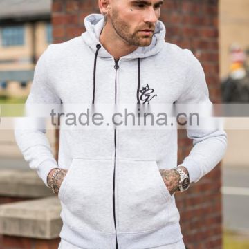 Slim Fit Men's Hooded Tracksuit Tops Full Zip Up Hoodie White Embroidered Gym Fitted Hoodies OEM Wholesale