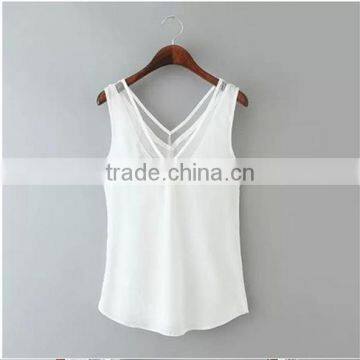 European and American Style Solid Color V-neck Blouses Stitching Gauze Halter T-shirt Tank Top Women photo-3