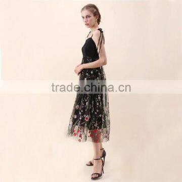 NEWEST WOMEN Self-tie Strap and Floral Embroidery Black Mesh Dress photo-4