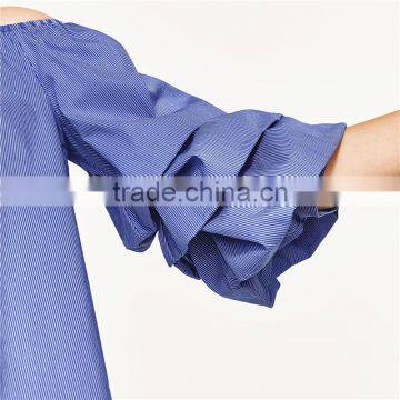 2017 OEM Spring Cute Pleated Vertical Stripes Off Shoulder Blouse photo-4