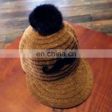 Chennille mustache rabbit fur ball/bobble casquette for kids child