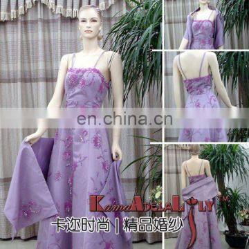 503 Tulle forbic purple color beaded with satin shawl evening dress