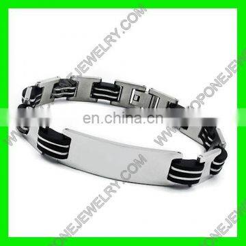 Black Leather Stainless Steel Bangle Cuff Bar Engraved photo-3