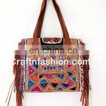 Colorful Embroidered Festival Boho Bag- Handcrafted Vintage Textiles Leather Handle Tote BAG