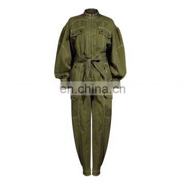 TWOTWINSTYLE Army Green Jumpsuit For Women Stand Collar Lantern Sleeve High Waist Lace Up Casual