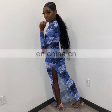 LAITE D2178 Hot Sales Women See-through Printed Casual Dresses Ladies Fashion Split Dresses photo-3