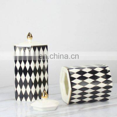 Nordic Modern Creative Black White Grid Porcelain Jar Floral Ceramic Vase With Lid