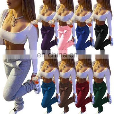 2020  fall winter clothing womens pleated thickened  Women Flare Casual Joggers Bell Bottom Matching Suits Stacked Pants