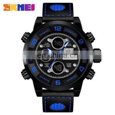 SKMEI Brand 1371 Stainless Steel Back Genuine Leather Mens Analog Quartz Watches photo-2